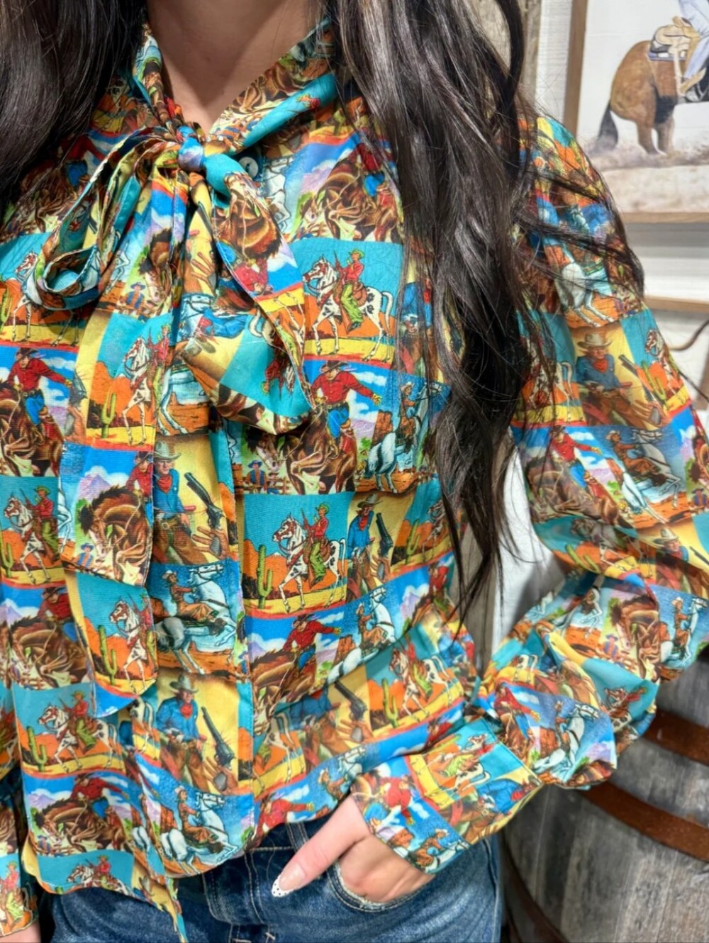 Howdy Hanny NWT Western Pop Art Tie Neck Sheer Blouse Retro Cowboy Print Top